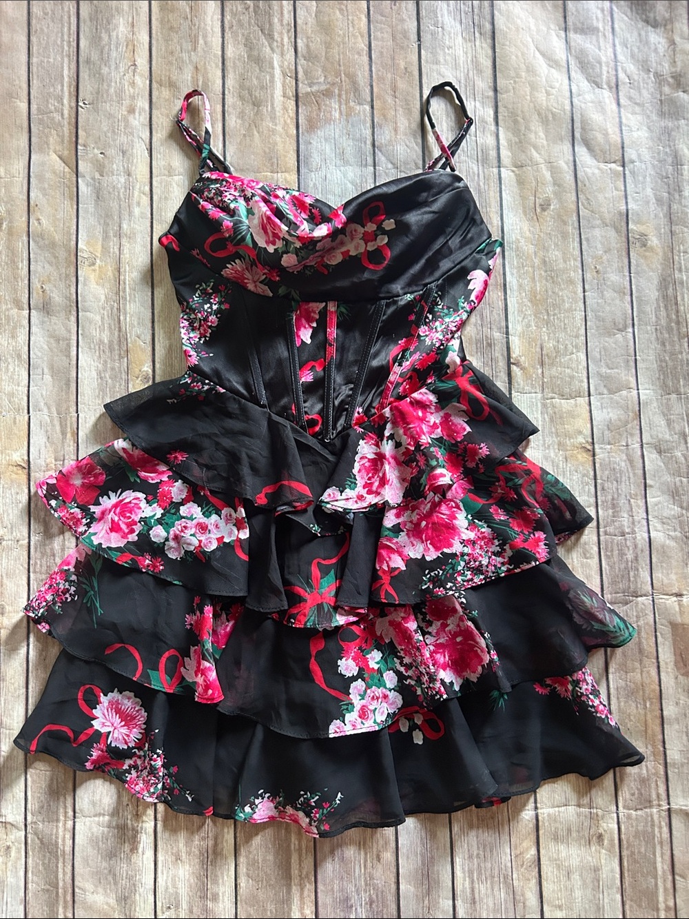Tiered Floral Spaghetti-Strap Mini Dress — Black with Pink Floral